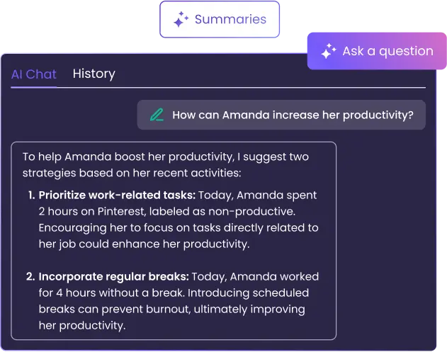 WebWork AI assistant analyzes employee daily activity reports and provides instant insights and summaries