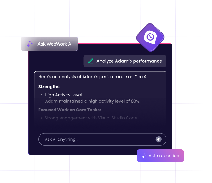 WebWork AI с анализом производительности сотрудников WebWork AI предоставляет мгновенный анализ и рекомендации по производительности сотрудников